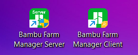 Icônes de raccourcis sur le bureau pour "Bambu Farm Manager Server" et "Bambu Farm Manager Client". Chaque icône est de forme carrée avec une bordure verte, l'une portant un badge "Server" et un bouclier de sécurité, l'autre un badge "Client" et une icône de mise à jour.
